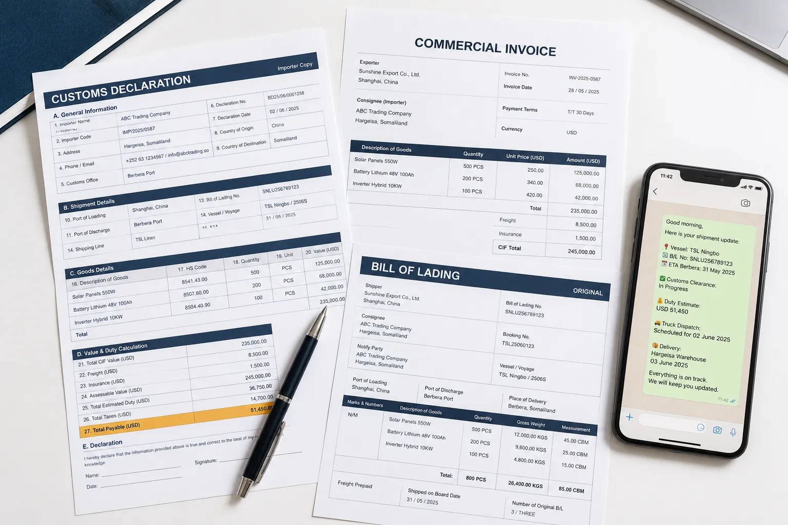Customs declaration, commercial invoice and bill of lading laid out on a desk with a phone showing a shipment status update.